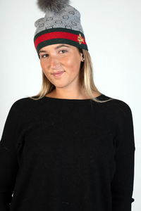 Grey Knitted Hat w/ Bee and Pom
