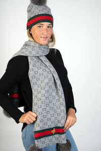 Grey Knitted Hat w/ Bee and Pom