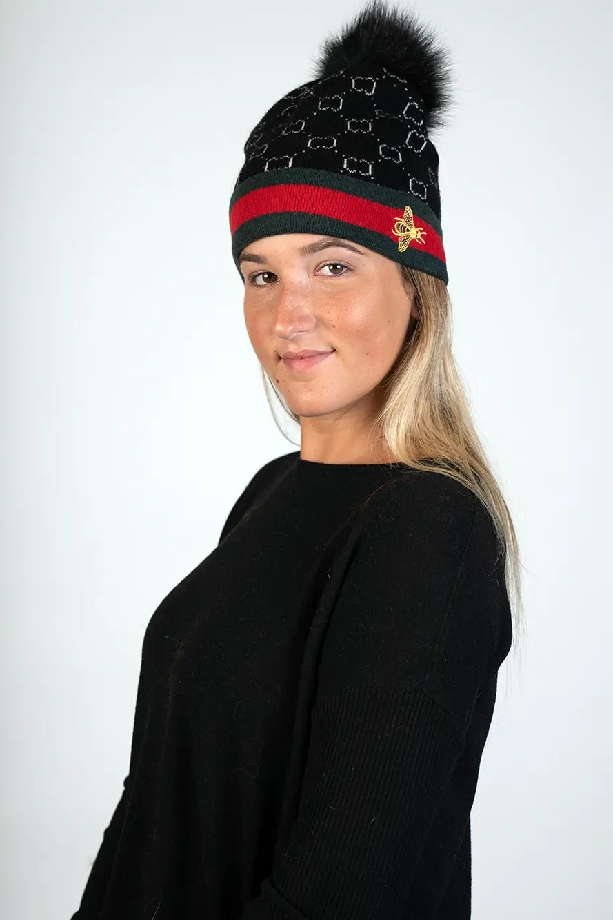 Black Knitted Hat w/ Bee and Pom