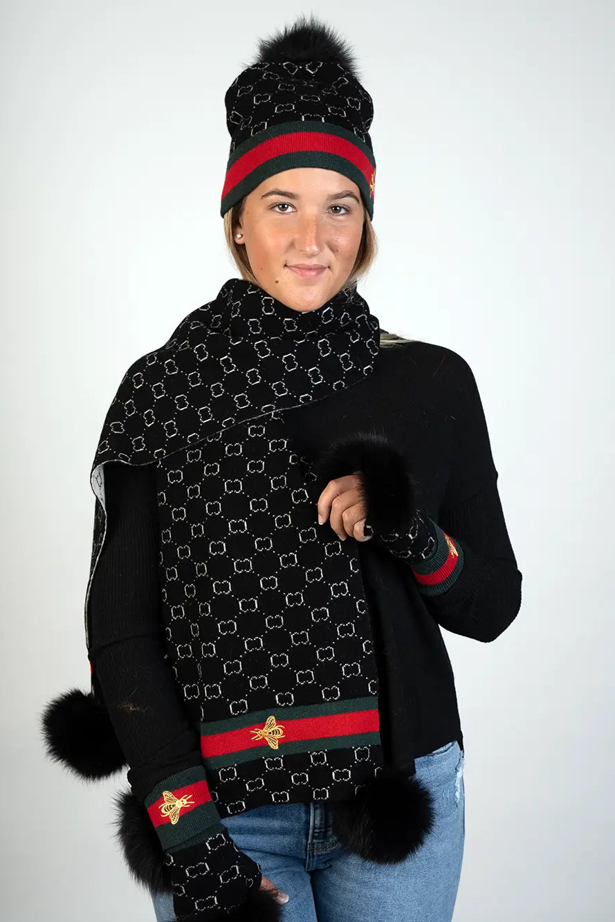 Black Knitted Hat w/ Bee and Pom