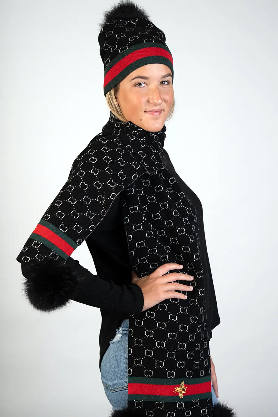 Black Knitted Hat w/ Bee and Pom