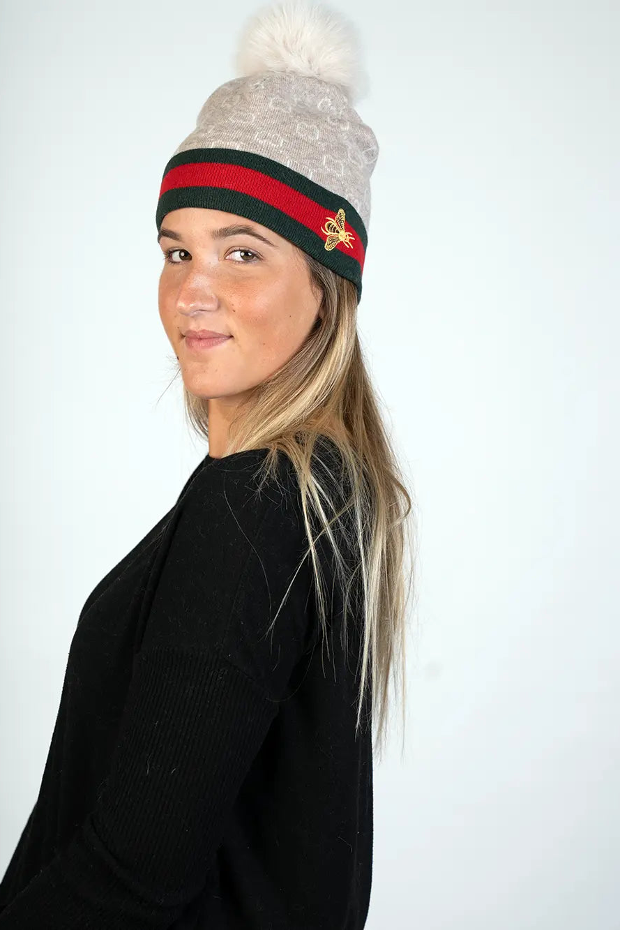 Beige Knitted Hat w/ Bee and Pom