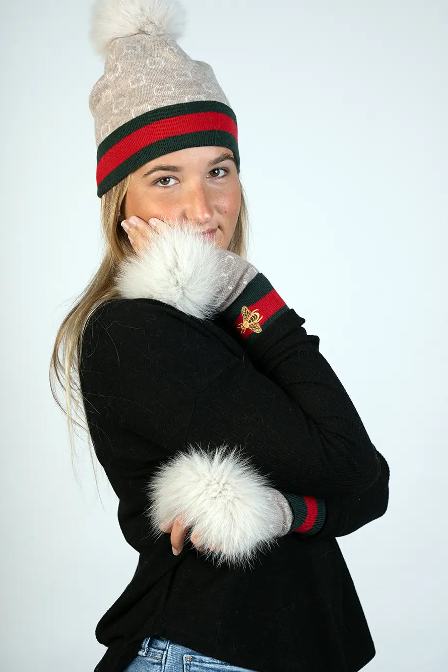 Beige Knitted Hat w/ Bee and Pom