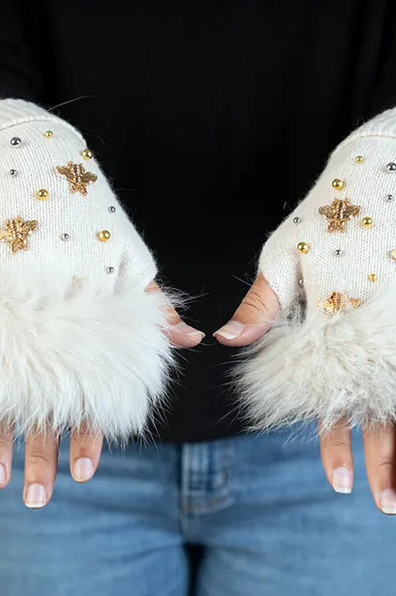 Knitted Fingerless Glove W/Bees and Beeds