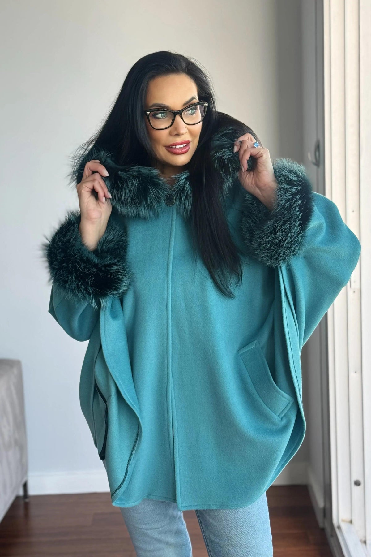 Aqua Wool & Cashmere Cape w/ Fox Trim