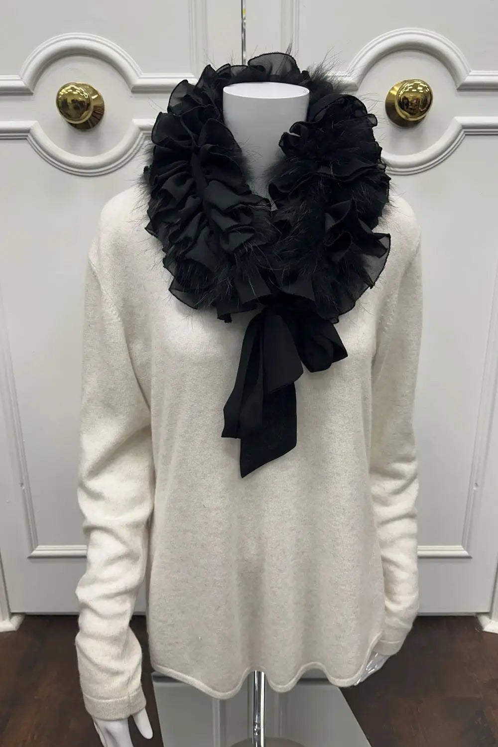 Black Ruffled Raccoon Bow Scarf
