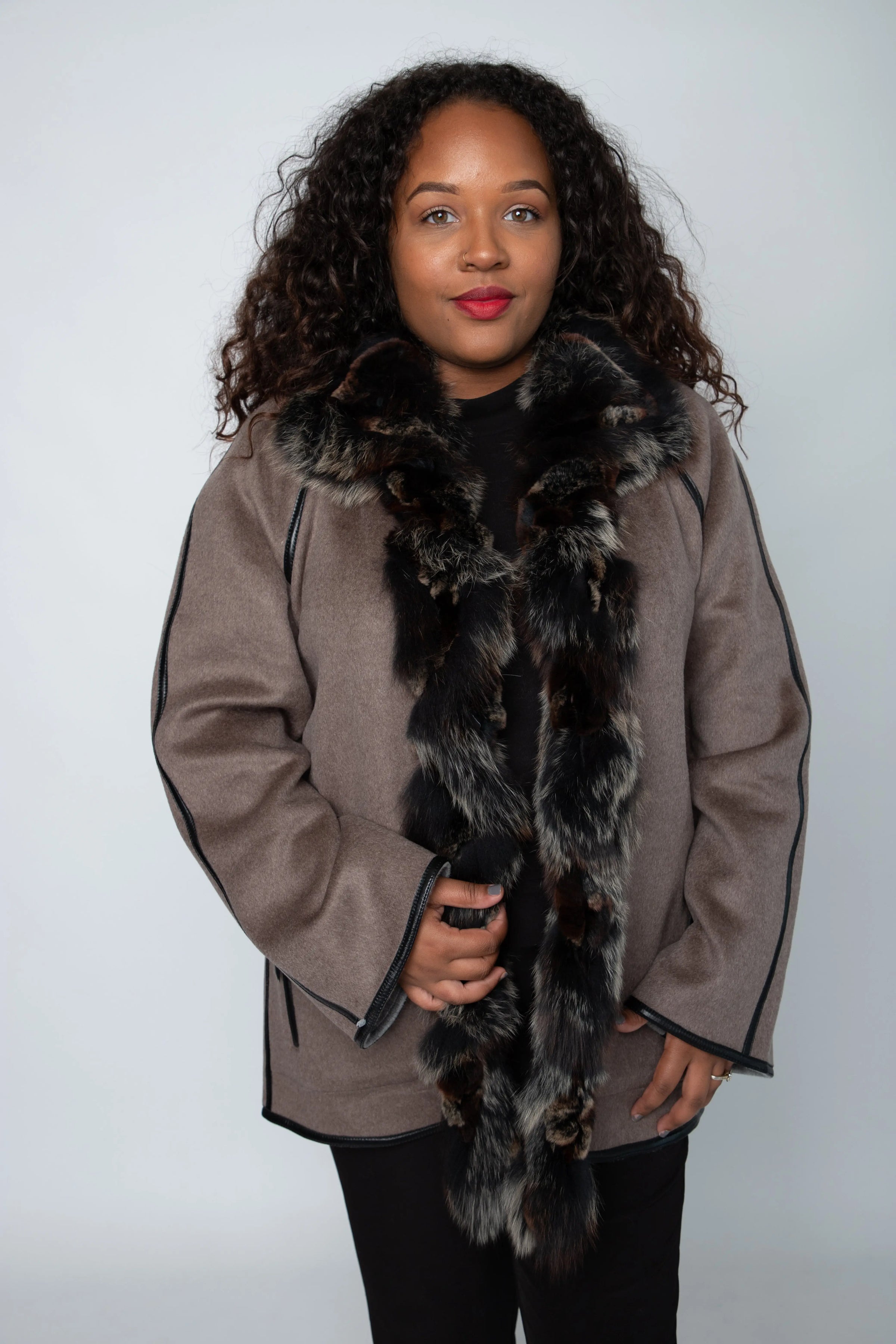 Taupe Cashmere Reversible Jacket with Rex and Fox Trim