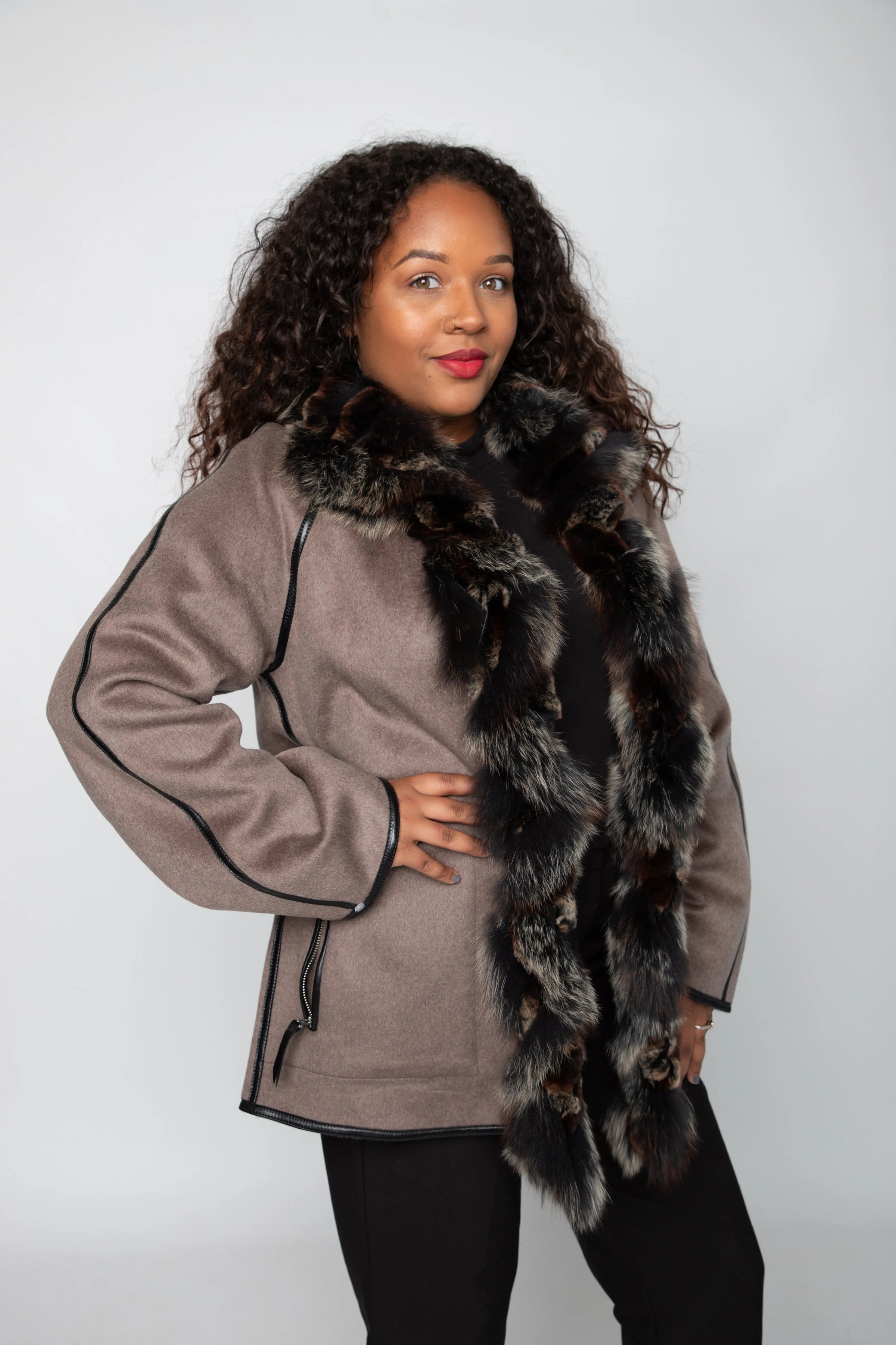 Taupe Cashmere Reversible Jacket with Rex and Fox Trim