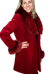 Fire Engine Red Sheared Mink Stroller w/ Dyed Fox Trim and Cuffs