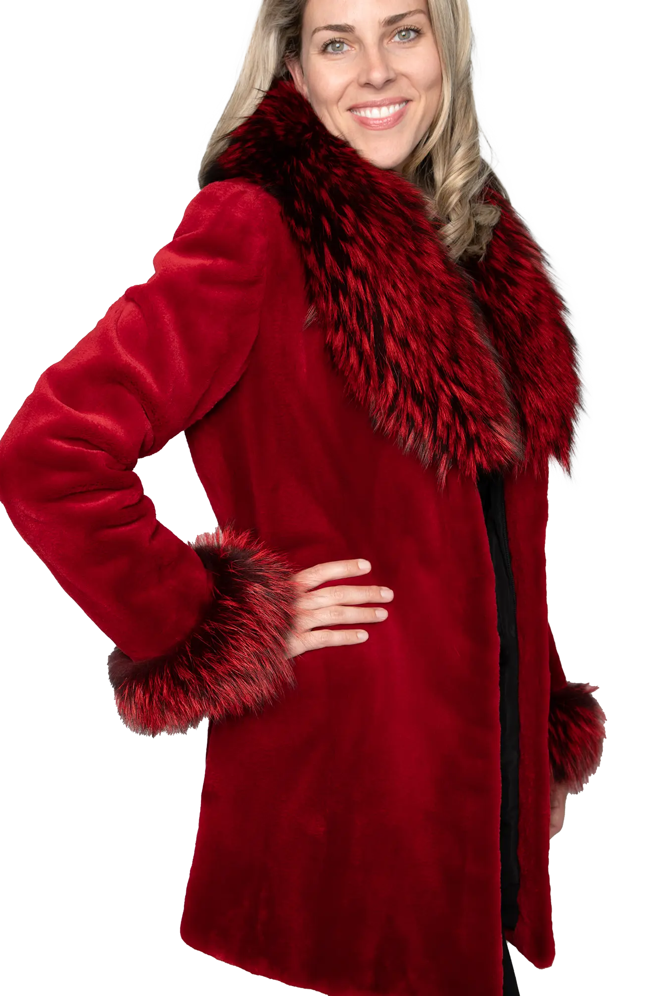 Fire Engine Red Sheared Mink Stroller w/ Dyed Fox Trim and Cuffs