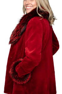 Fire Engine Red Sheared Mink Stroller w/ Dyed Fox Trim and Cuffs