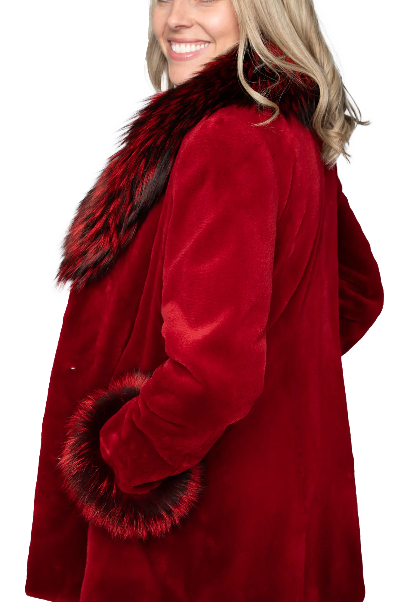 Fire Engine Red Sheared Mink Stroller w/ Dyed Fox Trim and Cuffs