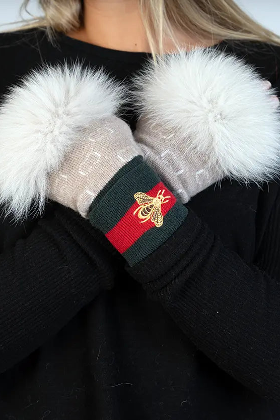 Beige Knitted Fingerless Gloves w/ Fox
