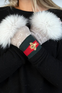 Beige Knitted Fingerless Gloves w/ Fox