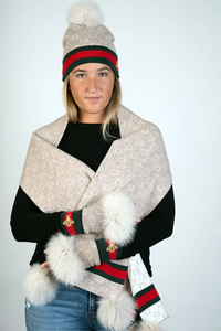 Beige Knitted Fingerless Gloves w/ Fox