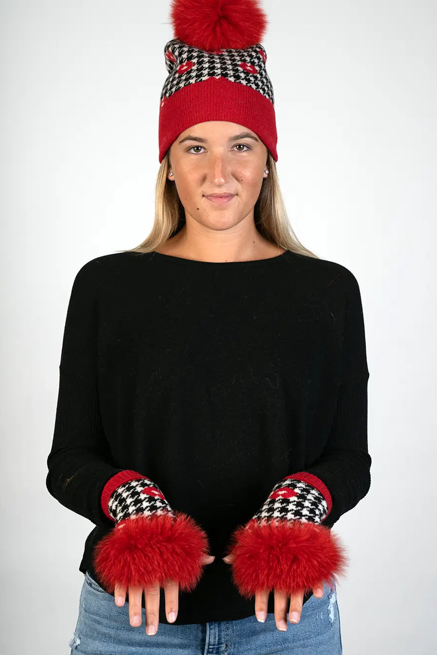 Red Lips Knitted Fingerless Gloves w/ Fox