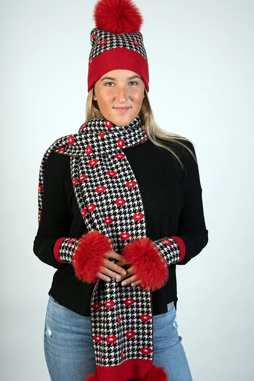 Red Lips Knitted Fingerless Gloves w/ Fox