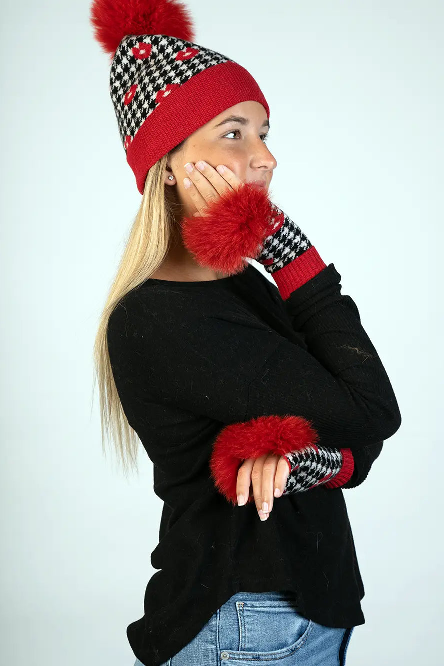 Red Lips Knitted Fingerless Gloves w/ Fox
