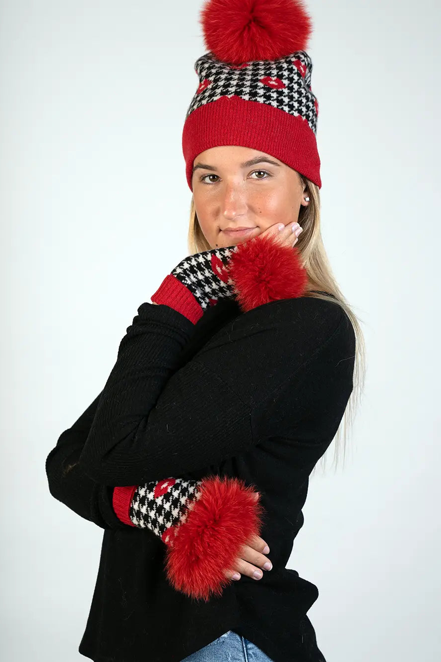 Red Lips Knitted Fingerless Gloves w/ Fox