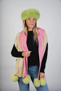 Woven Pink Plaid Scarf W/Fox Pom Poms