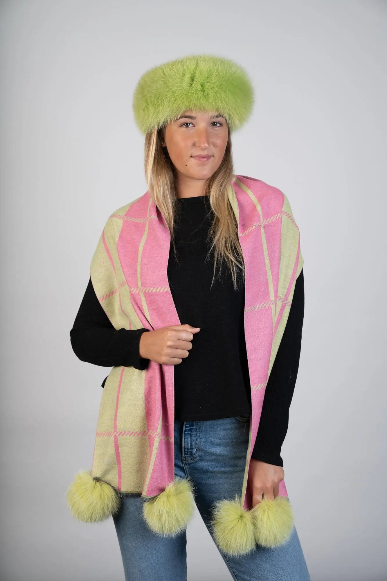 Woven Pink Plaid Scarf W/Fox Pom Poms