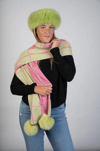 Woven Pink Plaid Scarf W/Fox Pom Poms