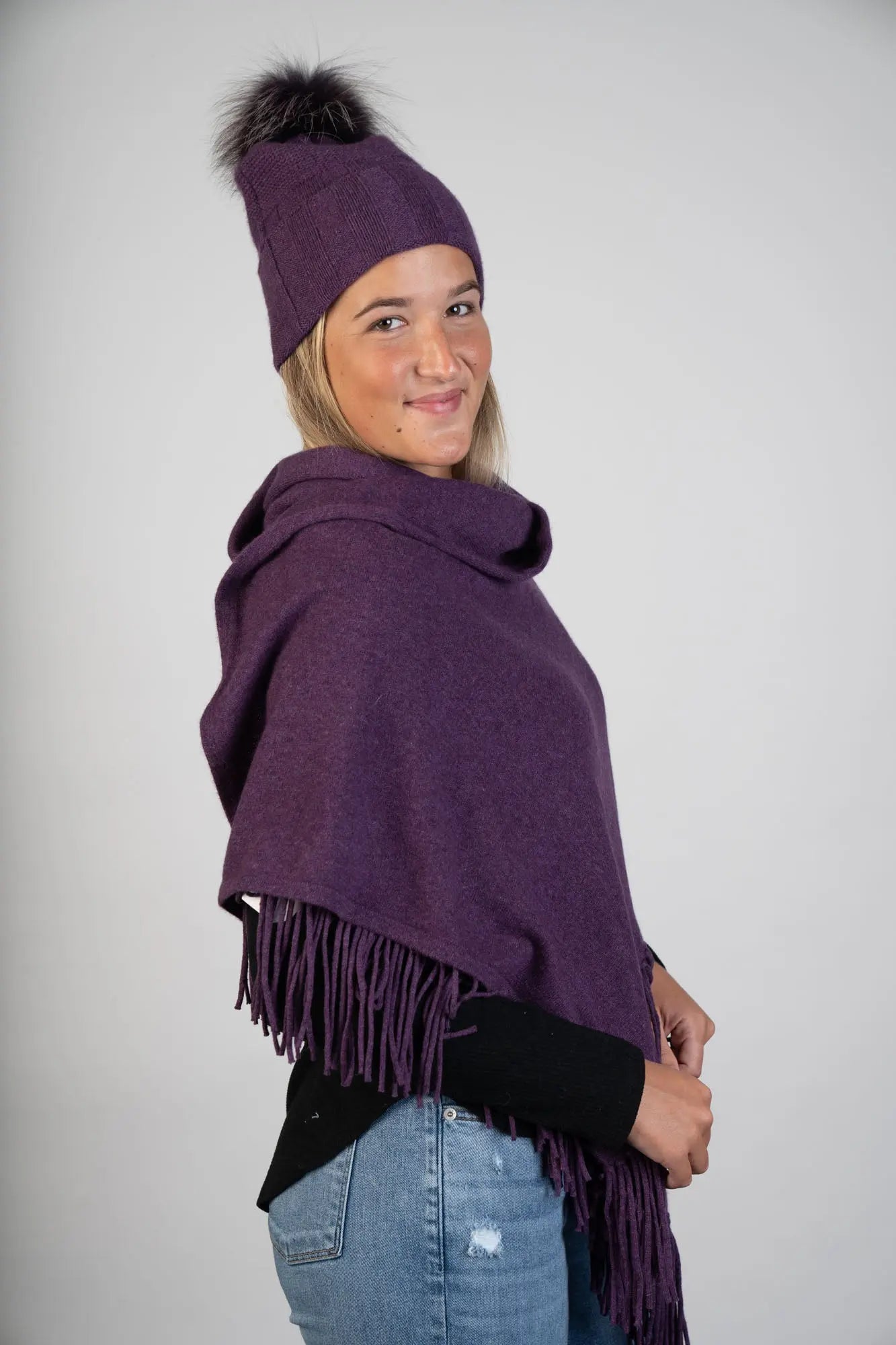 Amethyst 100% Cashmere Hat w/ Fox PomPom