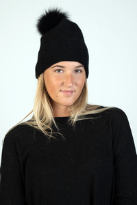 Black 100% Cashmere Hat w/ Fox PomPom