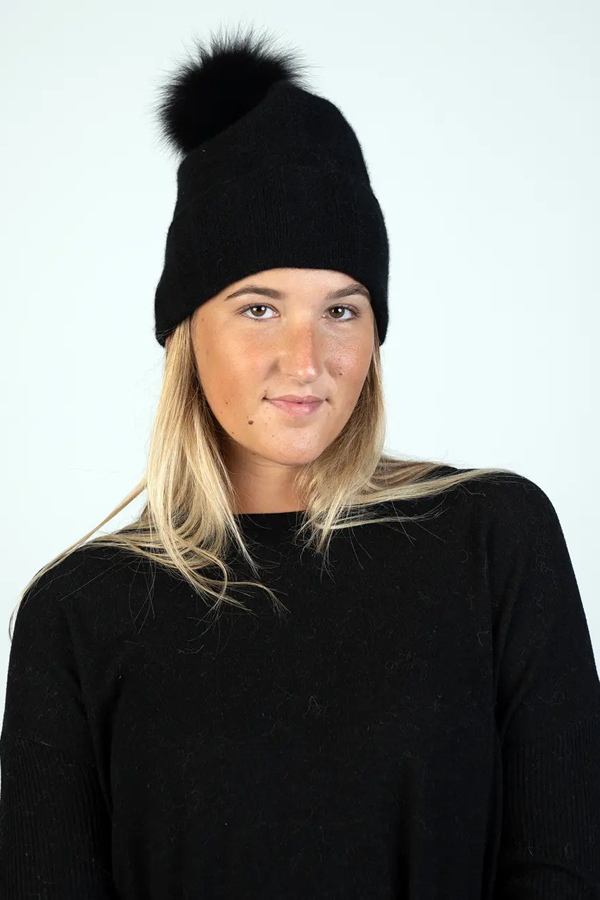 Black 100% Cashmere Hat w/ Fox PomPom