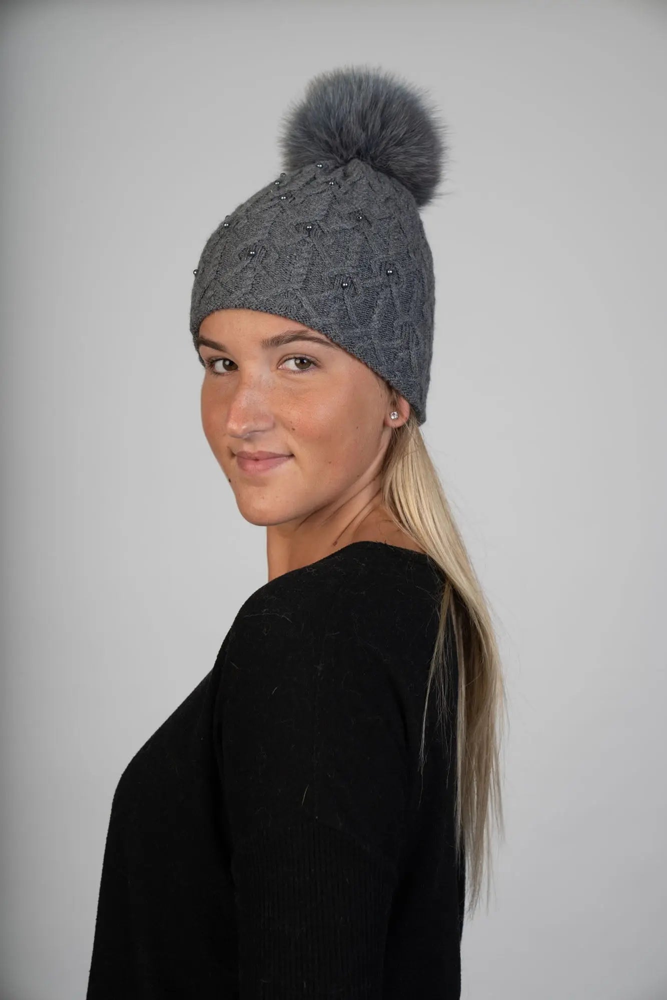 Dark Grey Wool Hat w/ Fox PomPom & Scarf Set