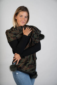 Camouflage Scarf W/Fox Poms