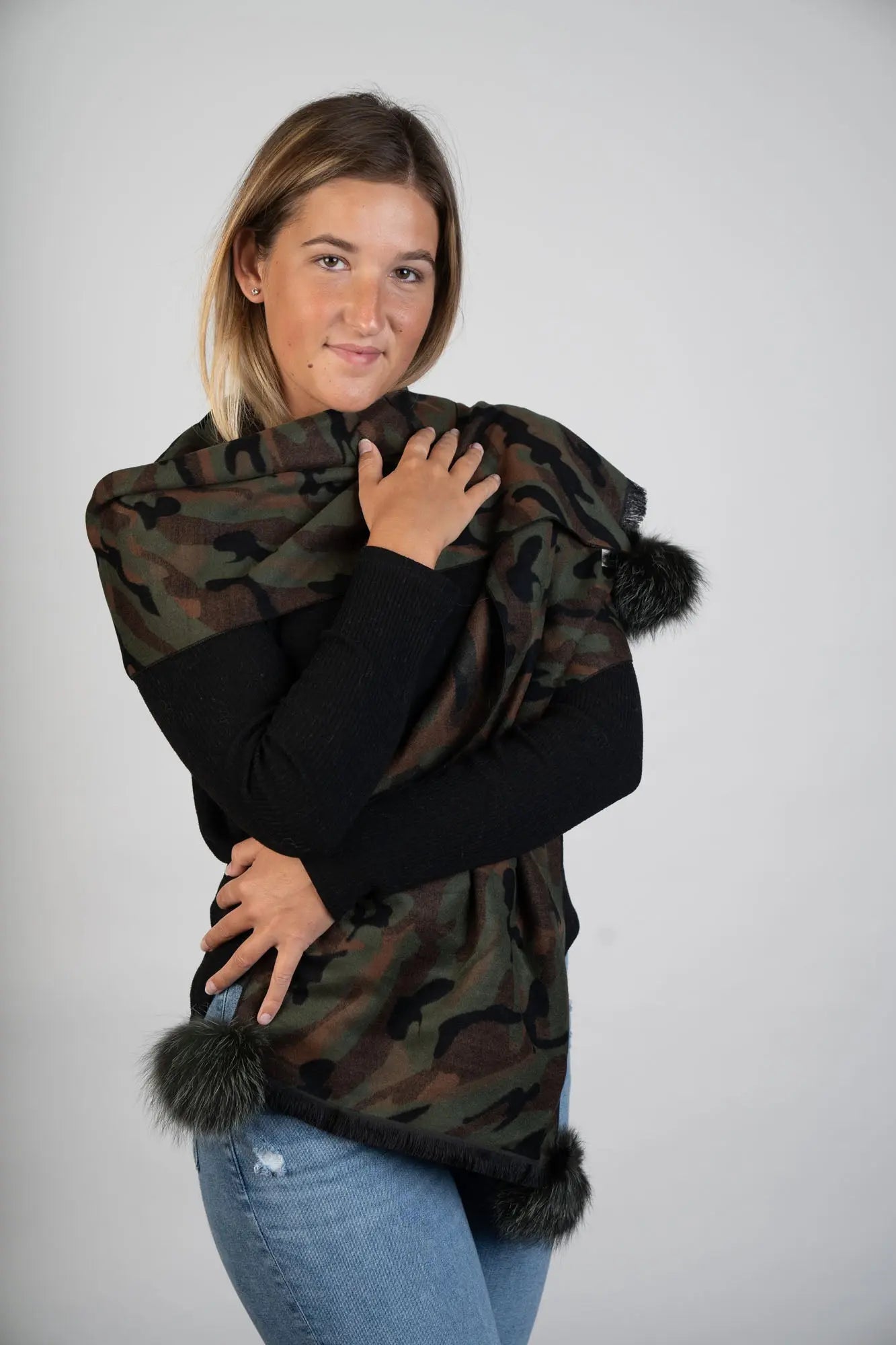 Camouflage Scarf W/Fox Poms