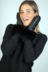 Black Leather Mittens W/Fox Trim