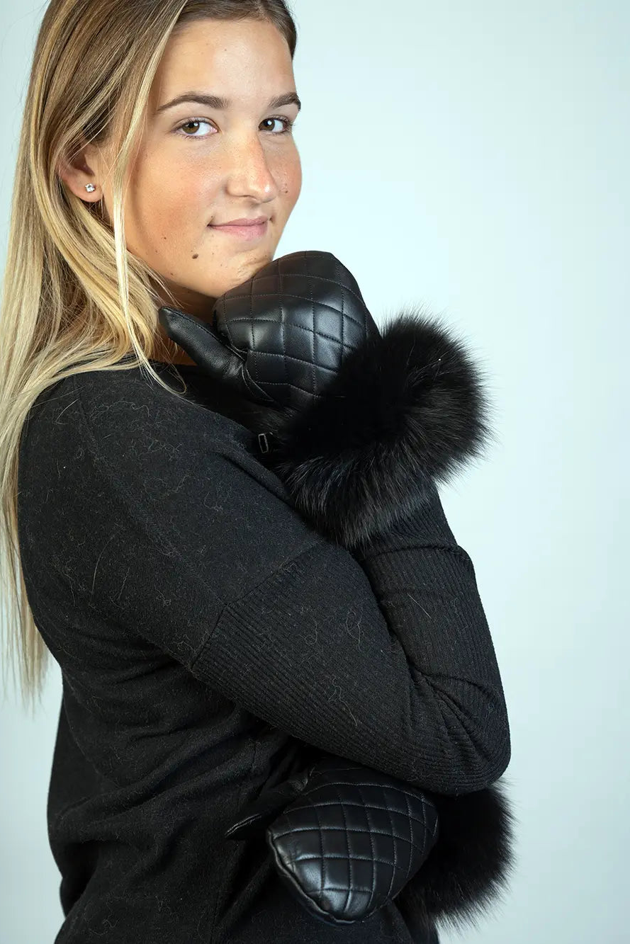 Black Leather Mittens W/Fox Trim