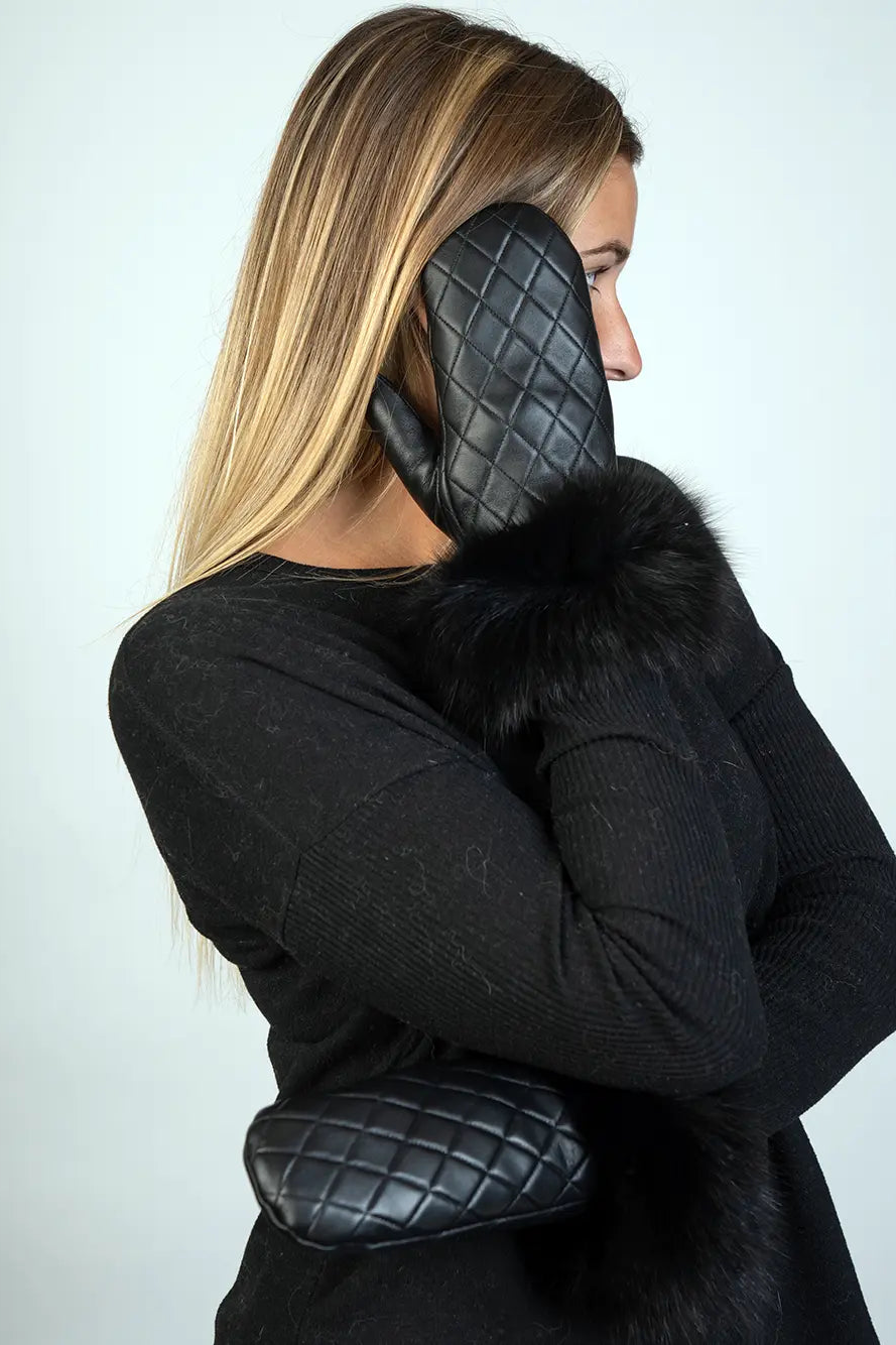 Black Leather Mittens W/Fox Trim