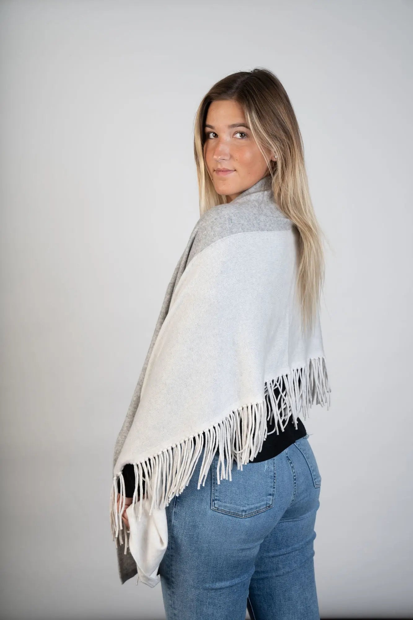 Light Grey and Ivory Cashmere Shawl w/ Fringe