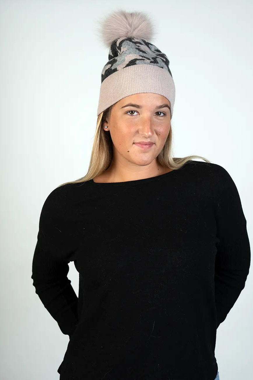 Knitted Camouflage Hat With Fox Pom