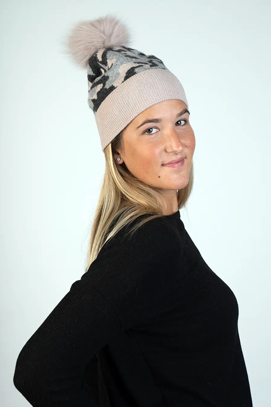 Knitted Camouflage Hat With Fox Pom