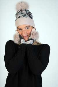 Knitted Camouflage Hat With Fox Pom