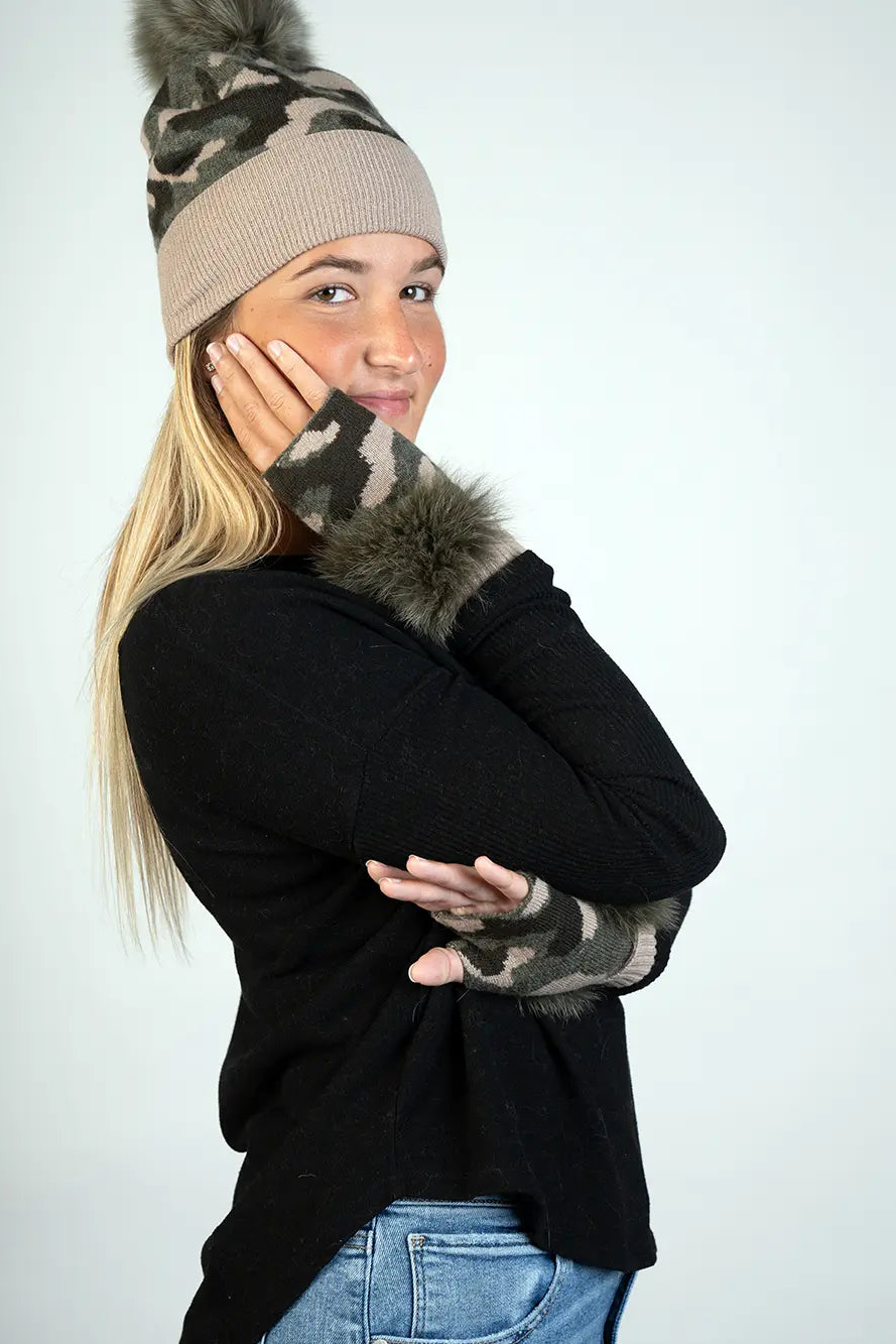 Knitted Camouflage Hat With Fox Pom