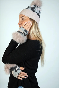 Knitted Camouflage Hat With Fox Pom