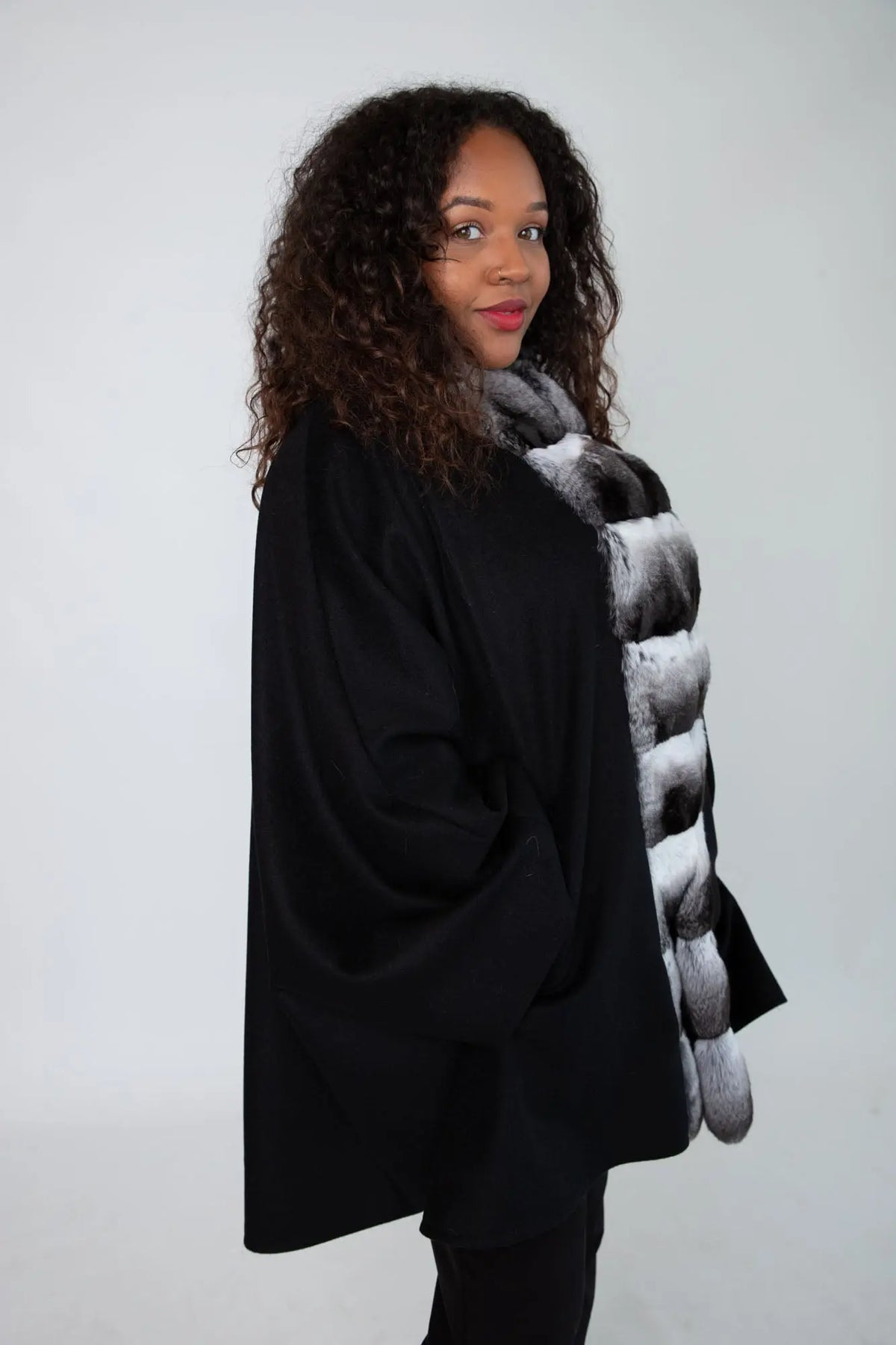 Black Cashmere Cape with Chinchilla Trim