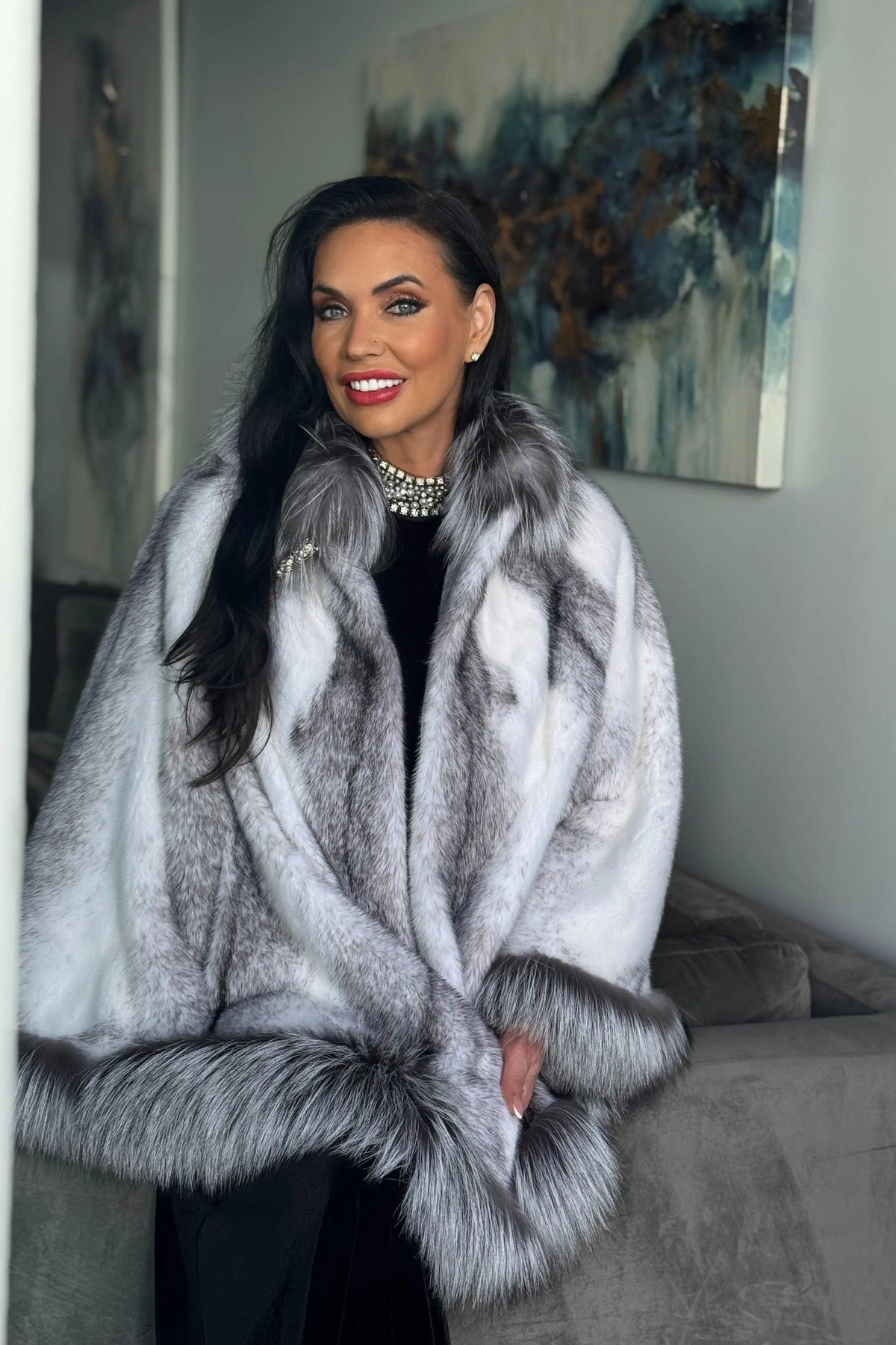 Black Cross Mink Cape with Silver Fox Trim