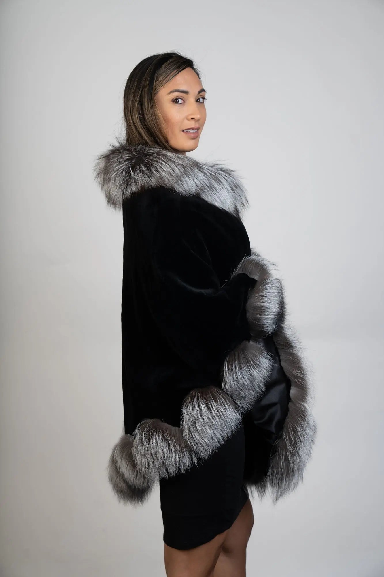 Black Sheared Mink Cape with Silver Fox Trim