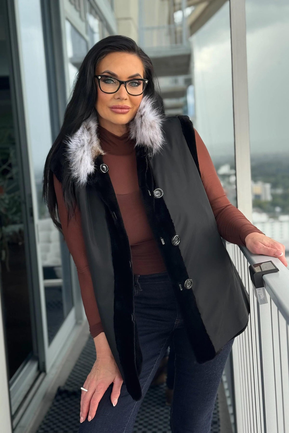 Black Sheared Mink Reversible Vest with Lynx Collar