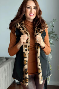 Leopard Print Dyed Section Mink Reversible Vest with Hood