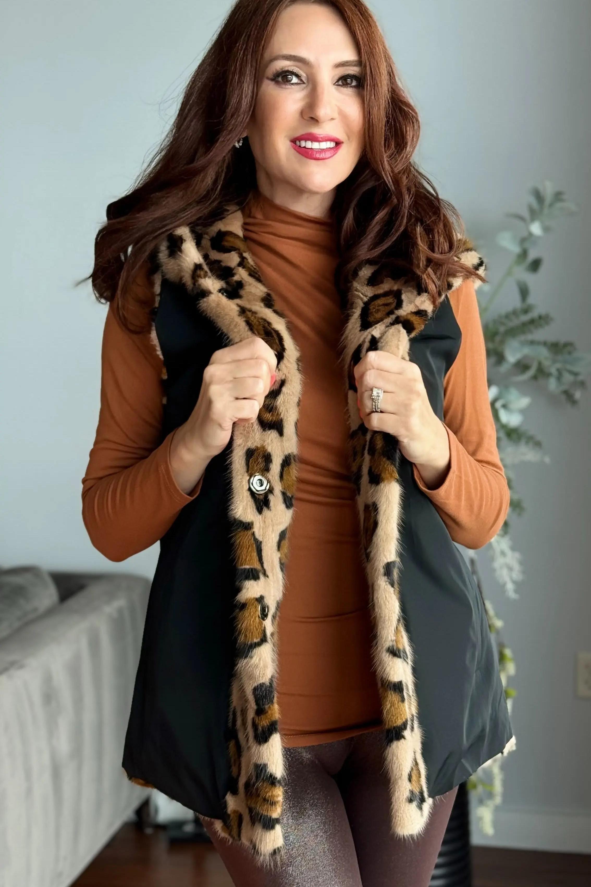 Leopard Print Dyed Section Mink Reversible Vest with Hood