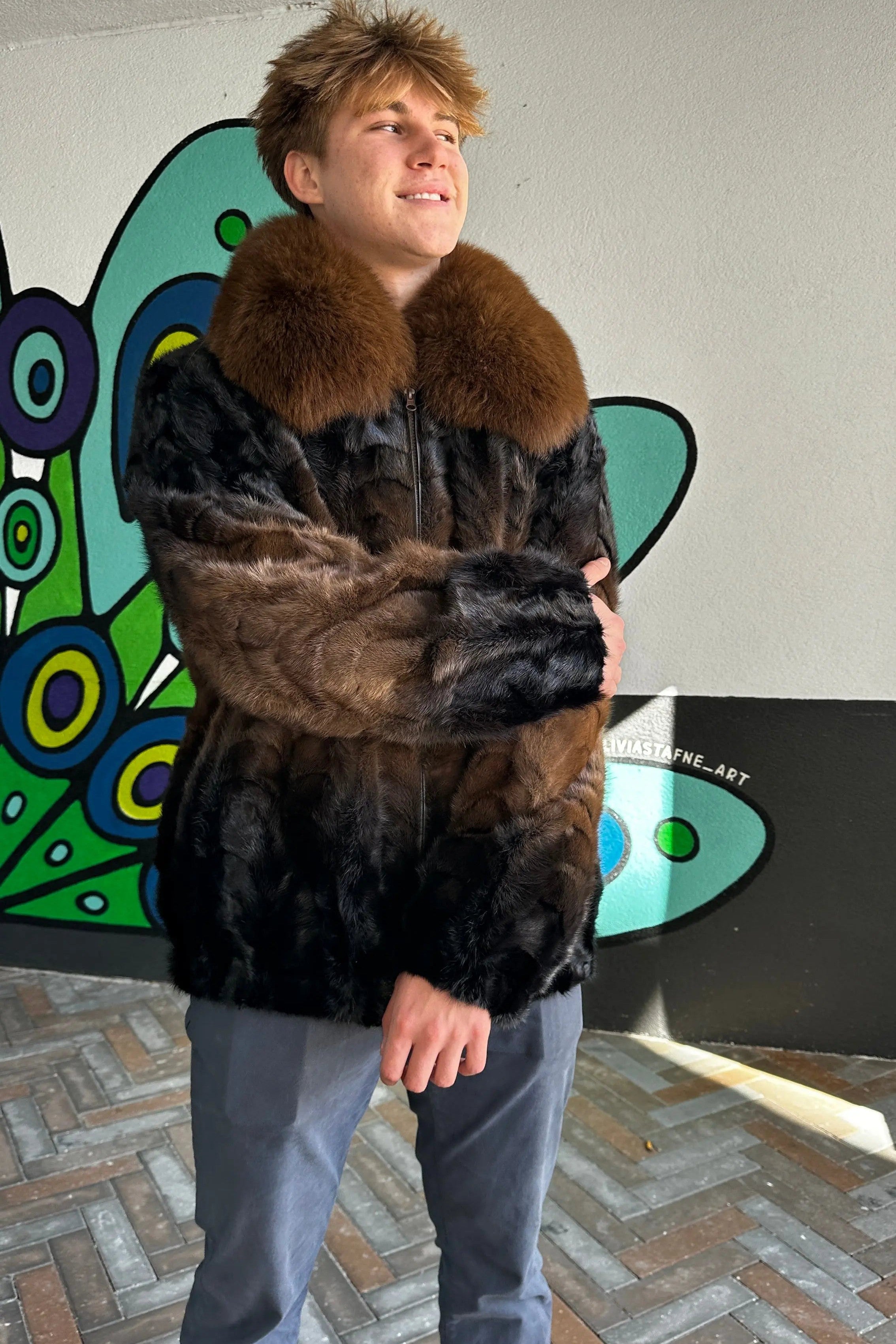 Men's Brown Section Mink Degrade Bomber Jacket with Fox Collar