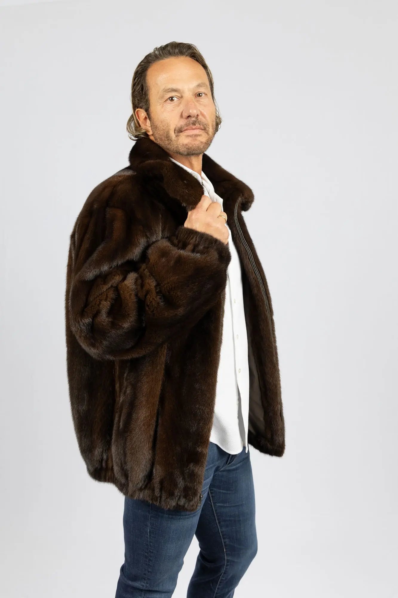 Men's Mahogany Full Skin Mink Bomber Jacket