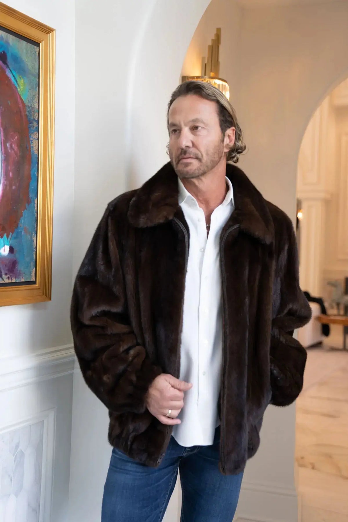 Men's Mahogany Full Skin Mink Bomber Jacket
